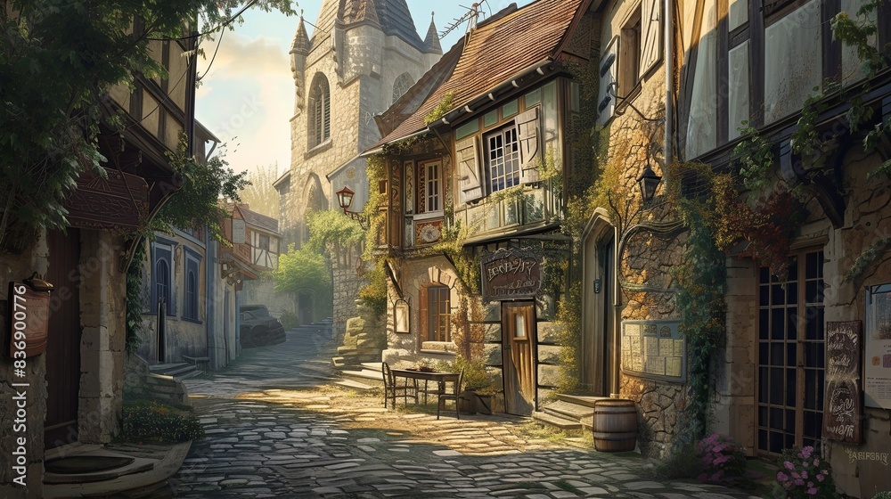 A street scene from a quaint European village, with cobblestone streets and historic buildings. A street scene from a quaint European village, with cobblestone streets and historic buildings.