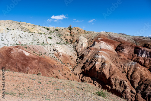 panoramic landscape with unusual red mountains with a Martian view filmed from a drone in Altai in May