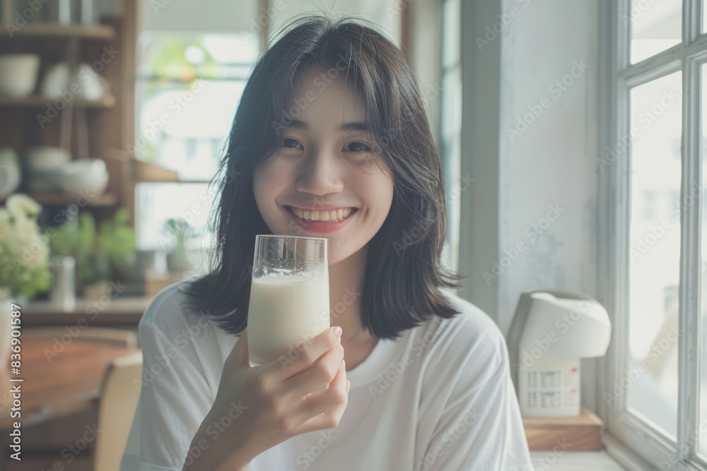 Asian woman enjoys protein breakfast with milk for nutrition and health. Asian woman enjoys protein breakfast with milk for nutrition and health.