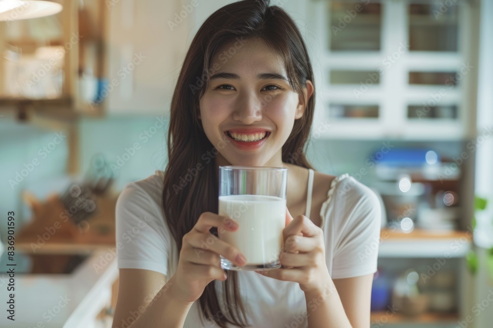 Asian woman enjoys protein breakfast with milk for nutrition and health. Asian woman enjoys protein breakfast with milk for nutrition and health.