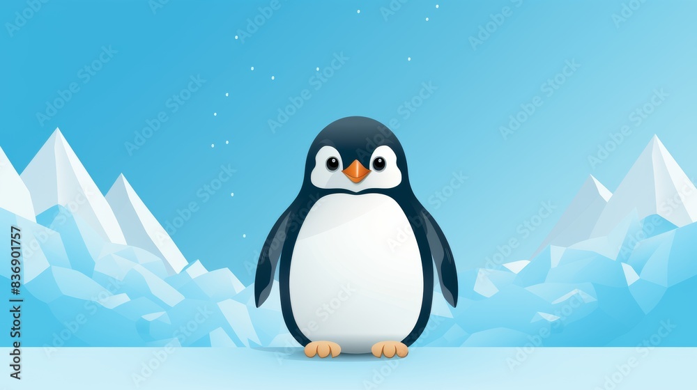 Fototapeta premium Cute cartoon penguin standing on ice with a snowy background. Perfect for winter, nature, and wildlife themes in a fun and charming style.