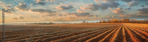Rural Tranquility A vast expanse of plowed land under the soft light of late afternoon, showcasing the simplicity and beauty of rural farm life photo