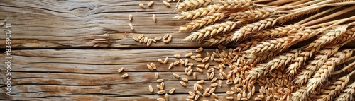 Rustic Wheat A rustic tableau of wheat sheaves and loose grains on weathered wood, evoking a sense of tradition and the simplicity of farm life
