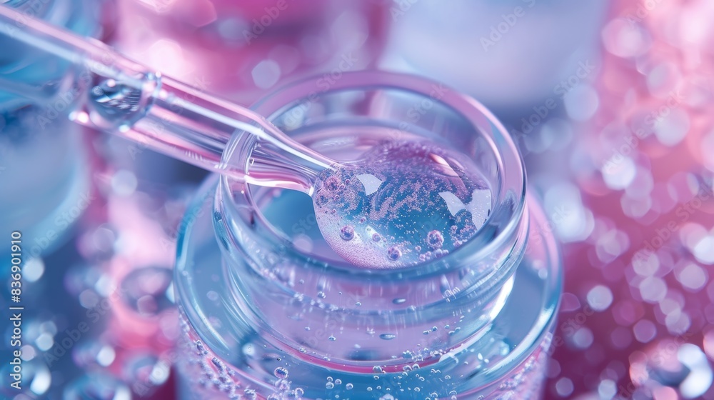 A close-up of a dropper bottle with skincare serum, highlighting the texture and clarity of the product, set against a blurred, colorful background A close-up of a dropper bottle with skincare serum, highlighting the texture and clarity of the product, set against a blurred, colorful background