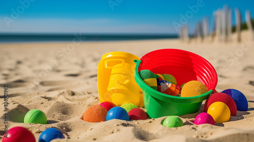 Jouets pour enfant, seau, pelle et râteau sur une plage. Sable, mer, océan. Jeux pour enfants, chateau de sable. Vacances, été, soleil, voyage. Famille, parents, enfants. Arrière-plan de flou. photo