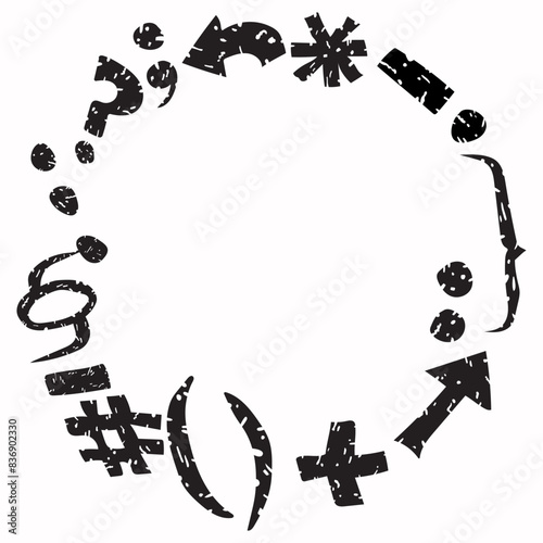 Nearly round frame made of perforated black math signs (symbols) and language punctuation marks. Education, business, finance, science, writing. Vector illustration.