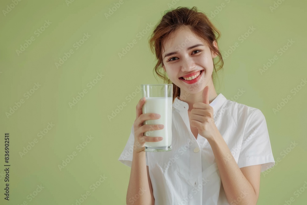 Happy woman promotes healthy milk over unhealthy fast food. Happy woman promotes healthy milk over unhealthy fast food.