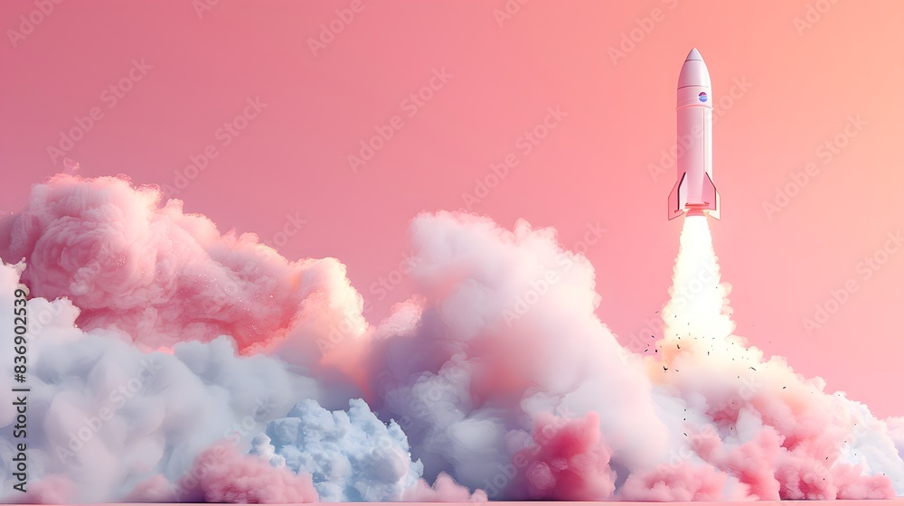 Fototapeta premium 3d render of rocket taking off with smoke, pastel pink background.