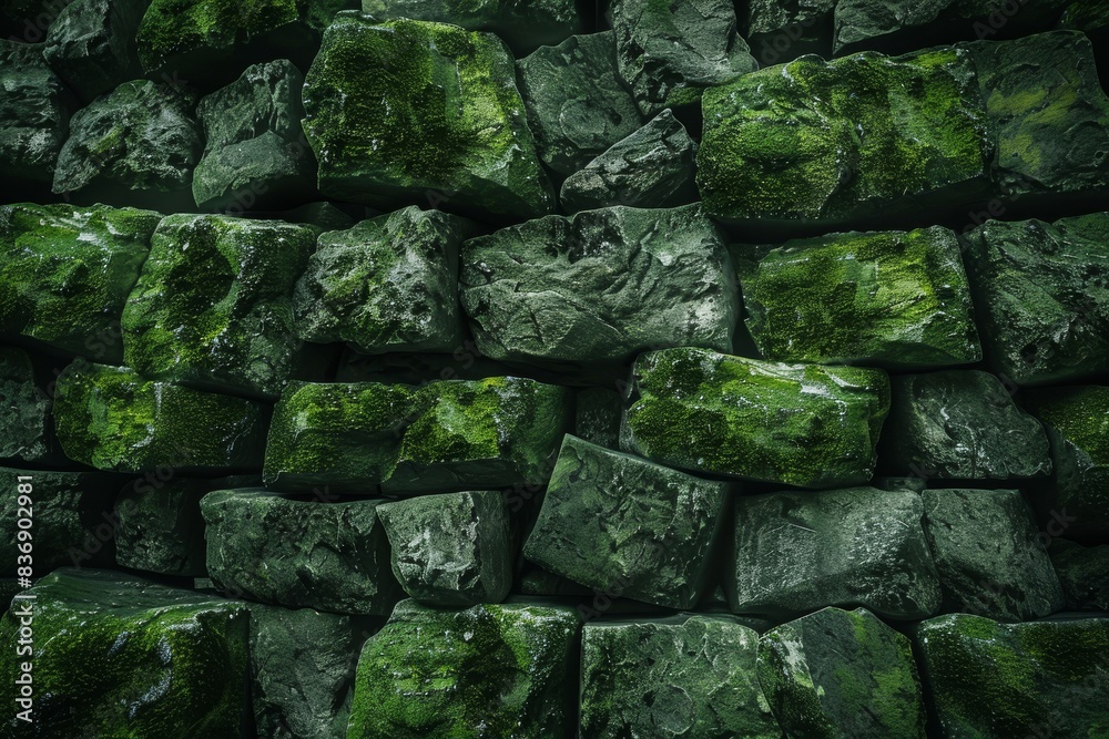 Fototapeta premium Close-up of an old moss-covered stone wall with dark green hues, showcasing rustic, weathered texture and natural patterns.