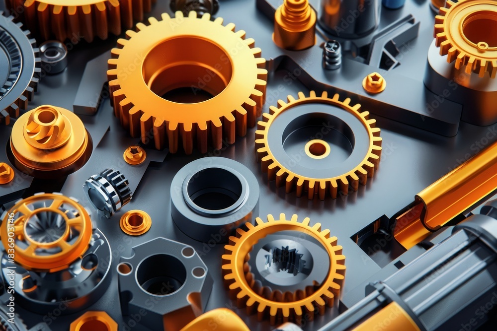 Close-up of interlocking gears and mechanical parts in vibrant orange and gray, highlighting industrial design and engineering precision. Close-up of interlocking gears and mechanical parts in vibrant orange and gray, highlighting industrial design and engineering precision.
