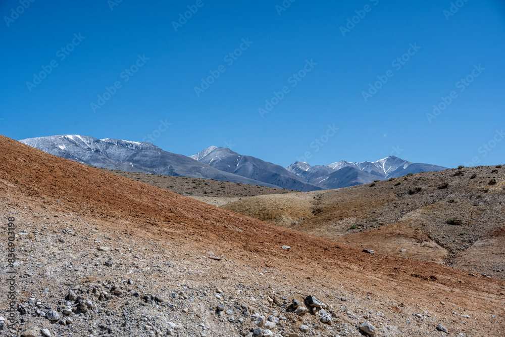panoramic landscape with unusual red mountains with a Martian view filmed from a drone in Altai in May panoramic landscape with unusual red mountains with a Martian view filmed from a drone in Altai in May