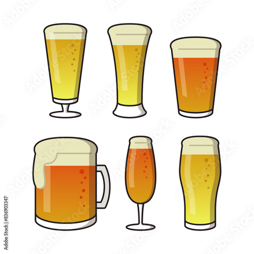 いろいろな種類のビールグラス線ありイラストセット