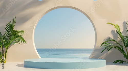 3D illustration, podium for product, arch in beige color adorned with plants, and the sea on background, summer vibes.