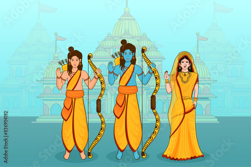 Hindu Mythology Lord Rama with His Wife Sita, Little Brother Lakshman on Decorative Ayodhya View and Happy Diwali