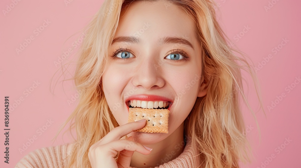 Handsome young blonde woman eating a cracker. Handsome young blonde woman eating a cracker.