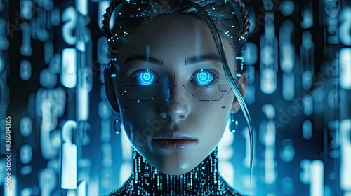 A portrait of an humanlike AI robot woman with glowing blue eyes and white skin, wearing futuristic attire against a backdrop of digital code.