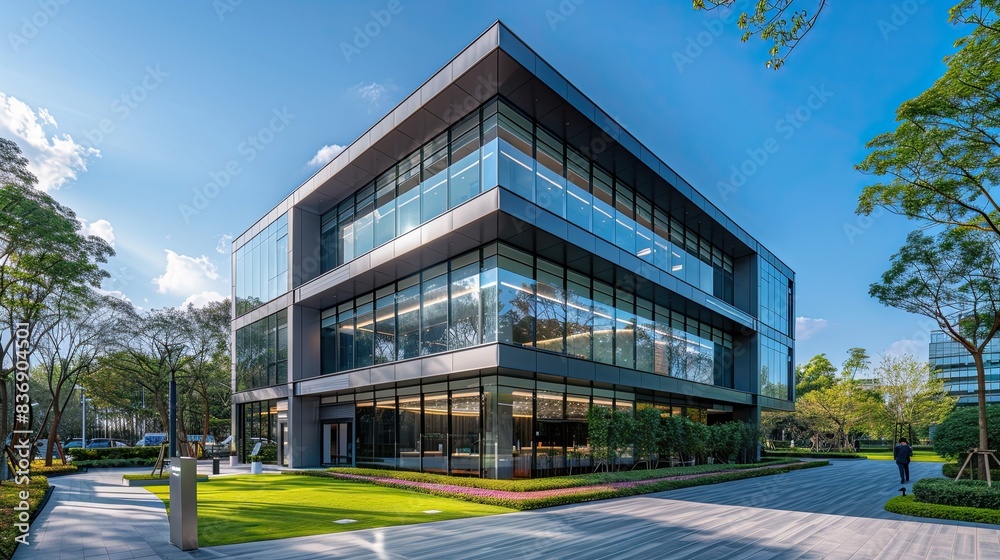 Obraz premium Glazed office building, modern construction, exterior view.