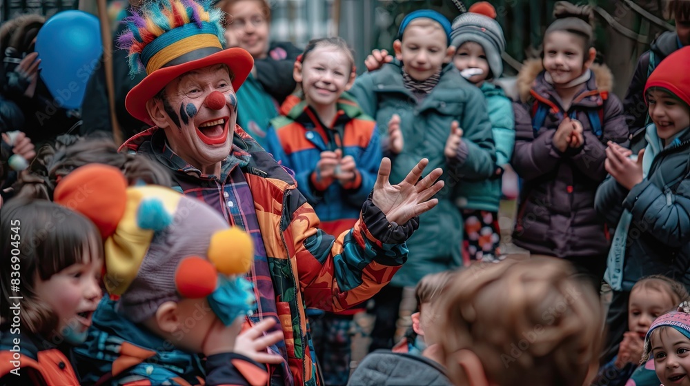 Street clown telling a funny joke, surrounded by a crowd of children and adults laughing and clapping. Street clown telling a funny joke, surrounded by a crowd of children and adults laughing and clapping.