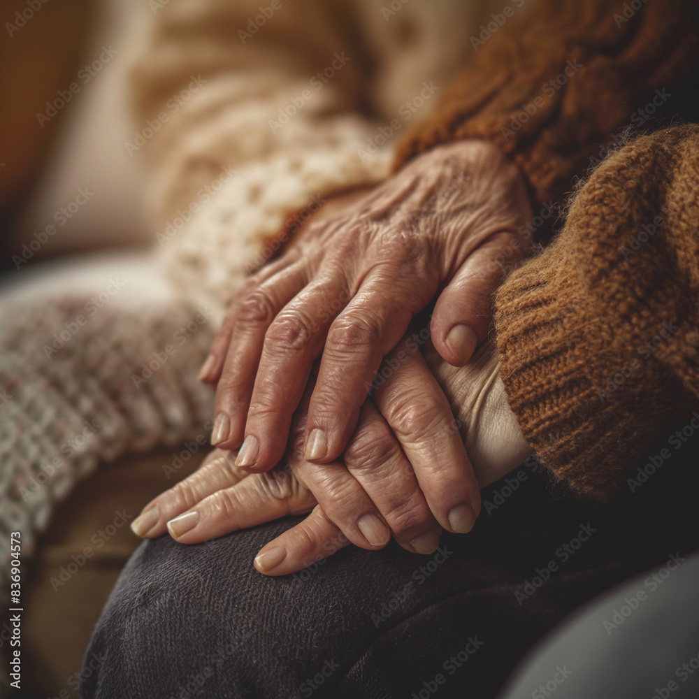 Fototapeta premium Close-up of a hand holding an elderly man's hand, showing love and support, against the background of a warm home environment