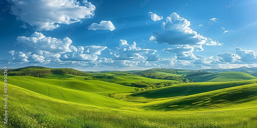 Obraz premium Breathtaking view of a peaceful countryside landscape with lush green fields, rolling hills, and a picturesque sky.