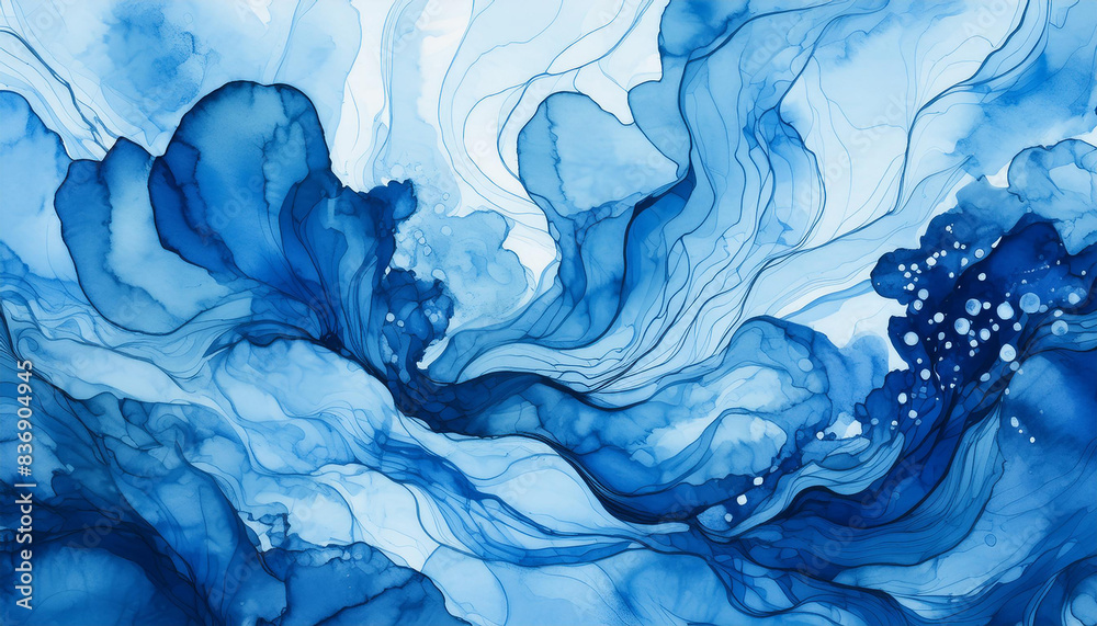 Fototapeta premium Watercolor abstract painting. Fluid art. Stains in water. Blue colors. Modern hand drawn design