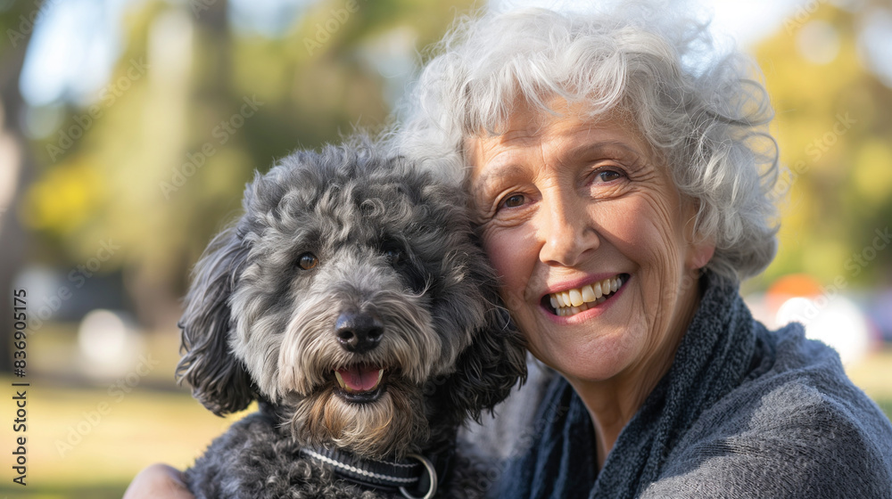 The similarity of the owner and the pet. Elderly woman with gray, curly hair and a fluffy gray dog with similar fur texture, both smiling and enjoying a sunny day in the park The similarity of the owner and the pet. Elderly woman with gray, curly hair and a fluffy gray dog with similar fur texture, both smiling and enjoying a sunny day in the park