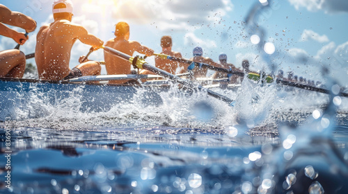 A competitive rowing scene, rowers in perfect sync during a regatta, water splashing. Generative AI. photo