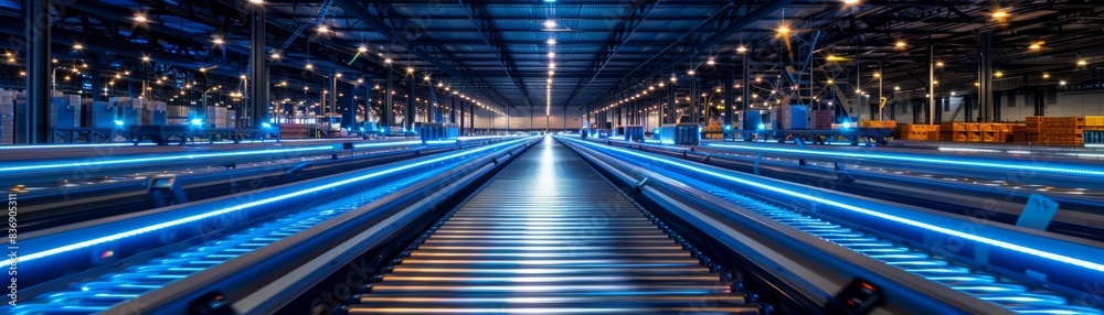 Fototapeta premium Smart warehouse technology in action, conveyors lit with blue lights efficiently sorting packages, industrial innovation