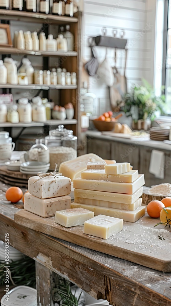 Fototapeta premium Rustic kitchen filled with handmade cut soap on the table being prepared for a farmer's market.