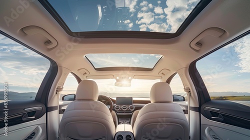 Panoramic sunroof in a passenger car, sunny day outdoors.