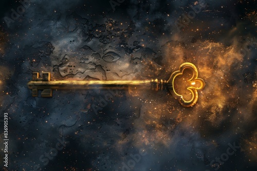 Enchanted vintage key emitting a mystical glow amidst a dark, ethereal backdrop with sparkles