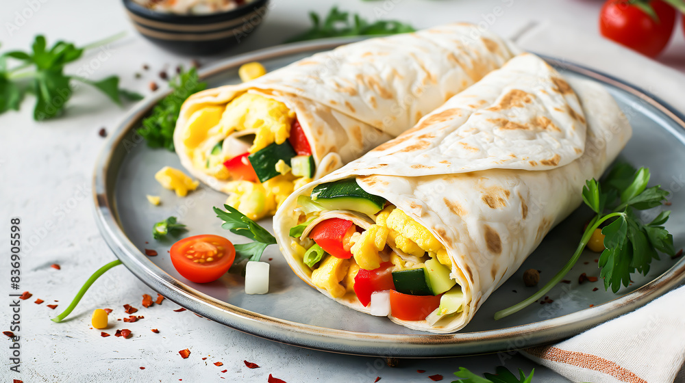Breakfast vegetarian burrito wrap with omelette and vegetables on a plate. Tortilla wrap sandwich Breakfast vegetarian burrito wrap with omelette and vegetables on a plate. Tortilla wrap sandwich