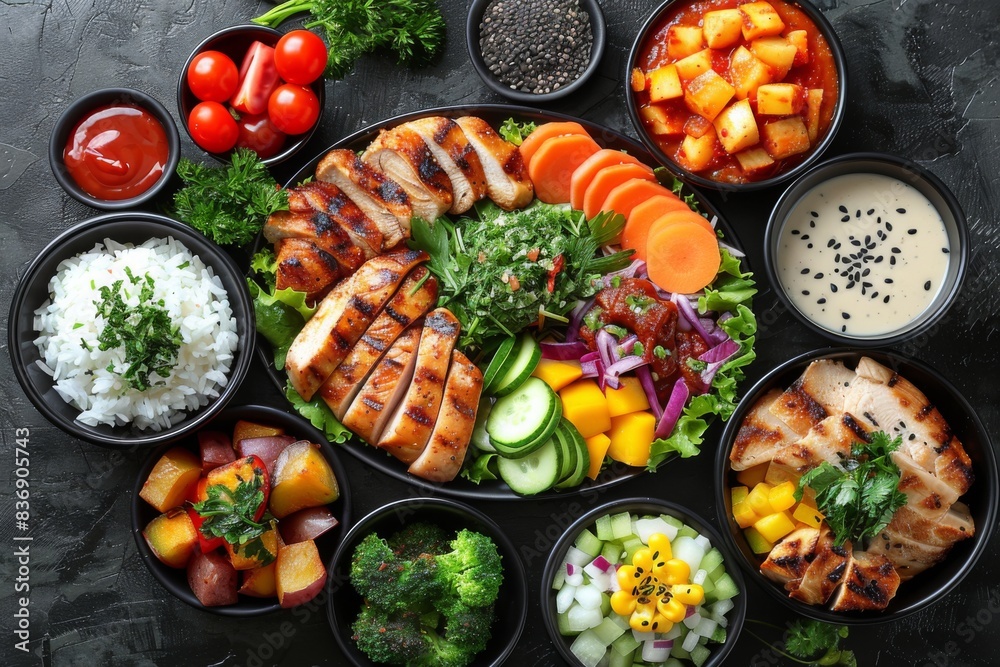 set of different asian food on wooden background set of different asian food on wooden background