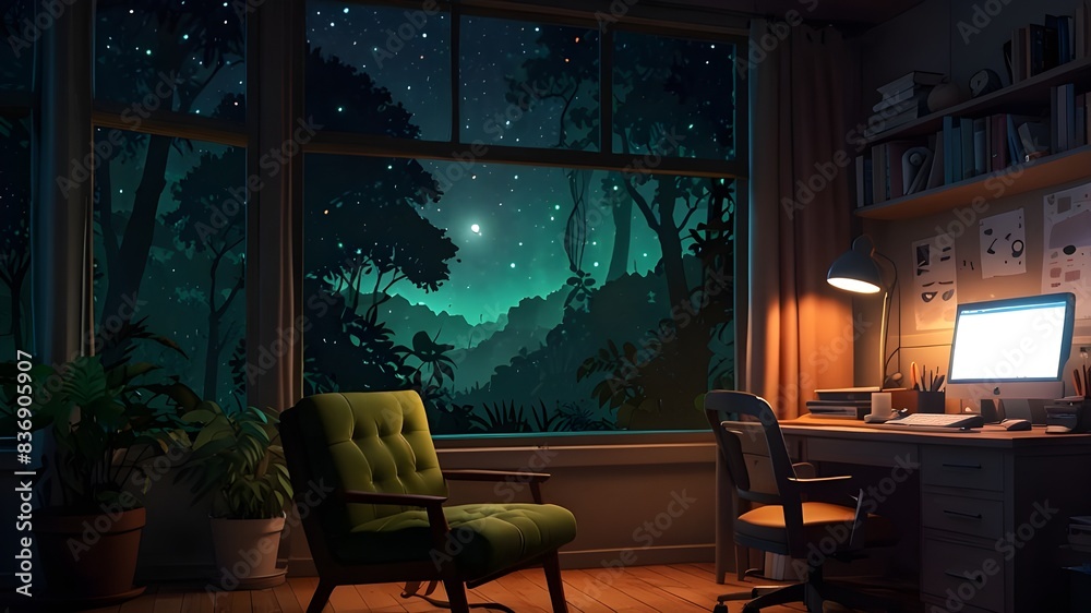 Interior of Lofi is vacant. unkempt desk, rainforest, and woodland view out the window. manga-style anime. Colorful low-fidelity study desk. cozy, relaxed atmosphere. Hip-hop ambient lighting. 4K wall