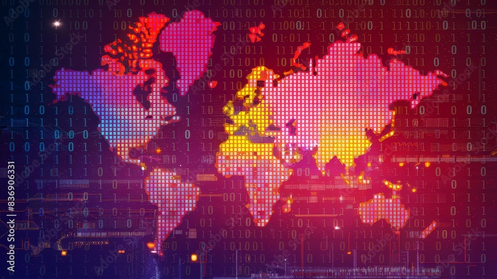 A digital representation of the world map, made up of a grid of binary numbers