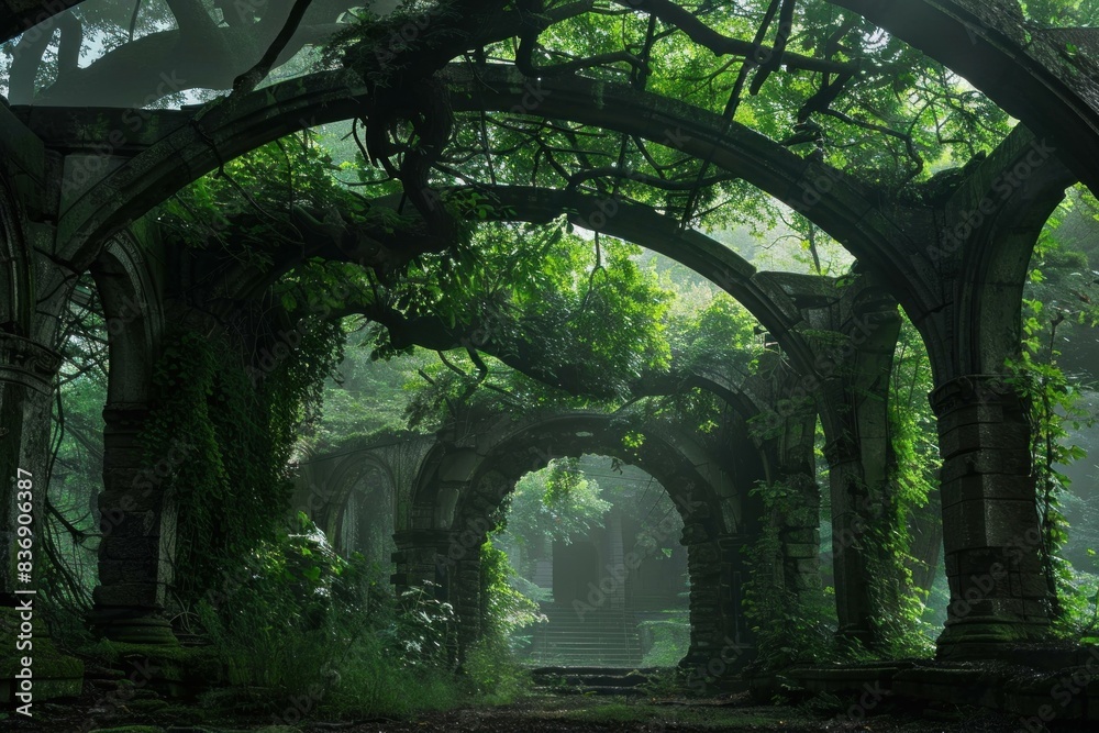 Discovering the ancient and mystical beauty of an enchanted forest ruins with overgrown ivycovered arches, a serene and tranquil setting surrounded by lush vegetation and gothic architecture Discovering the ancient and mystical beauty of an enchanted forest ruins with overgrown ivycovered arches, a serene and tranquil setting surrounded by lush vegetation and gothic architecture