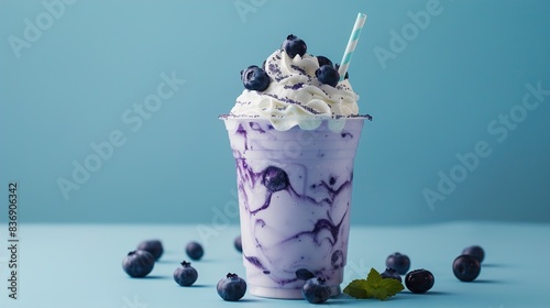 A vibrant blueberry shake topped with fresh blueberries and a dollop of whipped cream, set on a solid blue background, emphasizing the cool and fruity nature.