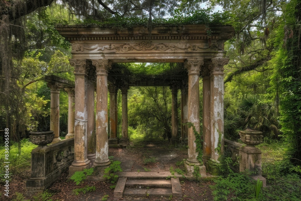 Ancient columns amidst greenery evoke mystery and history in a tranquil forest setting Ancient columns amidst greenery evoke mystery and history in a tranquil forest setting