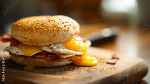 English muffin, scrumbled egg, ham, and cheese breakfast sandwich on a cutting board photo