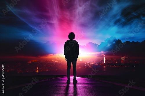 silhouette of man with spectacular colorful light