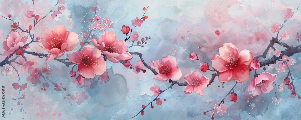 Elegant watercolor painting of cherry blossom branches with delicate pink flowers against a soft, dreamy background. Elegant watercolor painting of cherry blossom branches with delicate pink flowers against a soft, dreamy background.