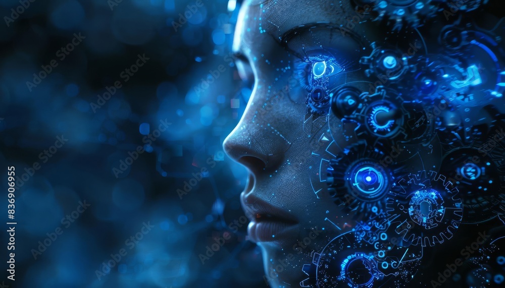 Futuristic depiction of a human face with glowing blue circuitry and digital elements, illustrating a blend of technology and humanity. Futuristic depiction of a human face with glowing blue circuitry and digital elements, illustrating a blend of technology and humanity.