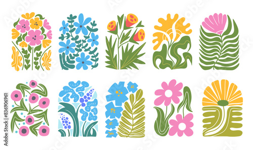 Groovy abstract floral arch. Wavy retro flower plant in naive hippie 60s 70s style. Floral botanic vector illustration frame