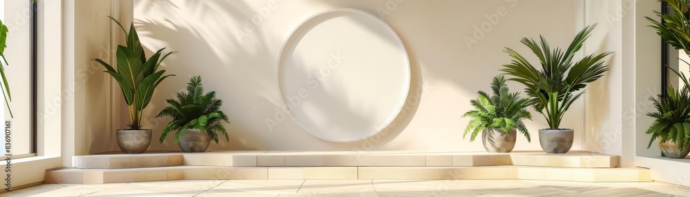 Tranquil public space with a minimalist white circular frame on the wall, flanked by potted plants, serene and stylish ambiance Tranquil public space with a minimalist white circular frame on the wall, flanked by potted plants, serene and stylish ambiance