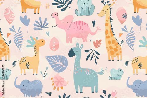 Pattern of cute cartoon animals including giraffes, elephants, and leaves
