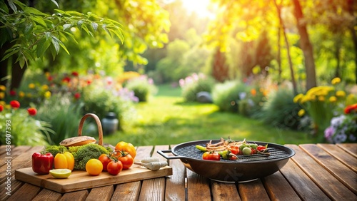 Summer garden setting with a grill and wooden table, featuring a blurred background , BBQ, backyard, cookout, outdoors, patio, relaxation, sun, leisure, rustic, cooking, eating, greenery photo
