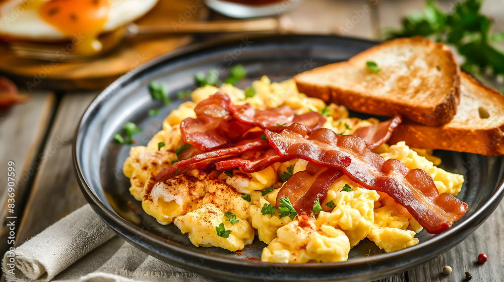 Homemade american scrambled egg breakfast with bacon and toast