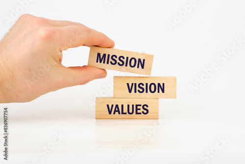 Mission vision values symbol. Concept words Mission Vision Values it is laid out by hand on wooden bars