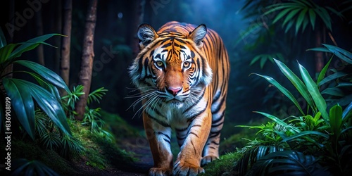 Bengal tiger stealthily stalking through the dark jungle at night photo