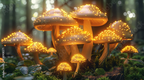 Magic mushrooms glowing. Generative AI.